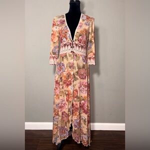 RARE CLAIRE PETTIBONE Floral Print Lace Detail Lingerie Bridal Maternity Robe